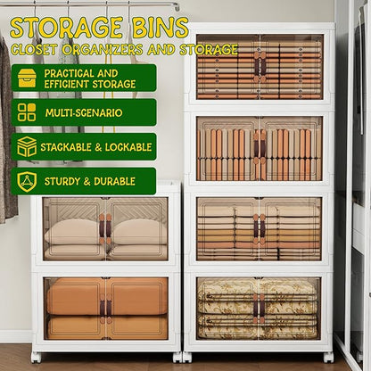 Storage Bins with Lids and Wheels, 330QT-165QT*2Tier Collapsible Bathroom Storage Cabinet with Clear Doors, Plastic Stackable Closet Organizers and Containers White