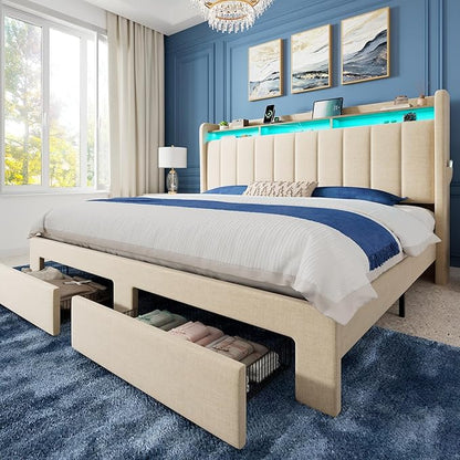 Allewie Vertical Tufted King Size Upholstered Platform Bed Frame with 2-Tier LED Storage Headboard & 2 Storage Drawers, USB & Type-C Charging Ports, Noise-Free/No Box Spring Needed, Beige