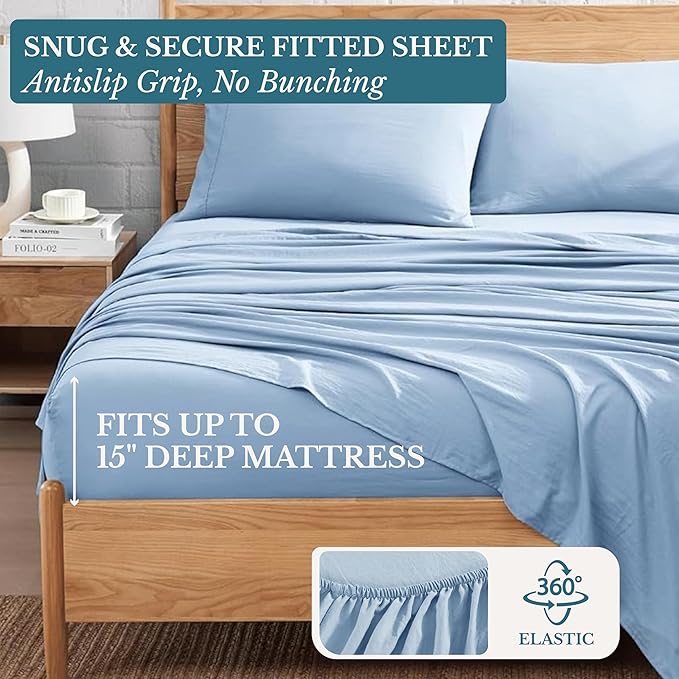 Casa Platino Queen Bed Sheets Set, Soft & Breathable Bedding for Queen Size Mattress, 4 Piece Set with Deep Pockets, Lightweight Microfiber, Pre-Washed & Durable, Cooling Sheet Set – French Blue