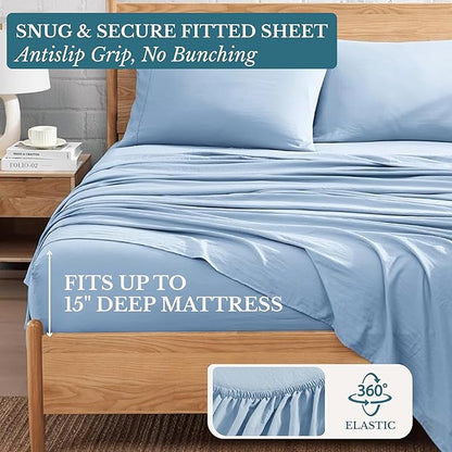 Casa Platino King Size Bedsheets – 4 Piece Set, Ultra Soft & Breathable Microfiber Bedding, Pre-Washed Brushed Microfiber, Deep Pocket King Sheet Set, Fits Mattress up to 15" Deep - French Blue