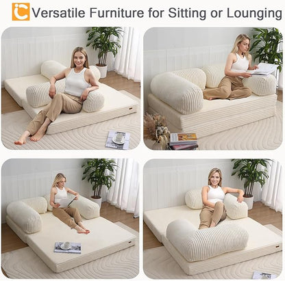 COMAX Folding Sofa Bed Queen, Foldable Couch Bed, Fold Out Futon Chair Sleeper for Adults, Convertible Floor Mattress Sofa for Bedrooom Living Room Guest Room, Faux Fur Light Beige
