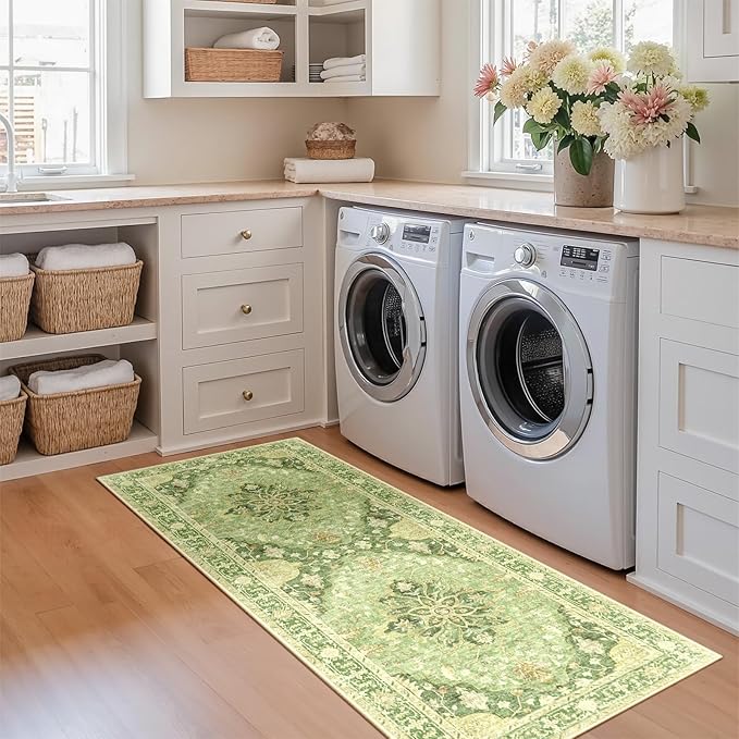 Area Rugs 2'x5' Washable Non-Slip, Floral Vintage Distress Print Pattern Medallion Carpet for Living Room Bedroom Dining Room, Sage Green Yellow
