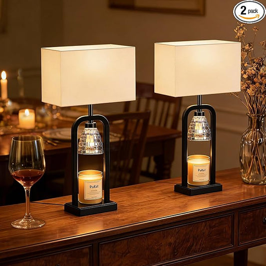 PoKat Table Lamps with Candle Warmer for Bedroom, Farmhouse Bedside Lamps Set of 2 for Night Stands, 21.5'' Bedroom Lamps Decor for Living Room, Bathroom, Dinning, Bulbs Included, Matte Black