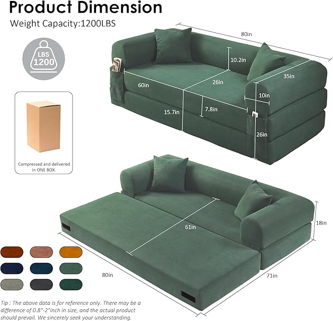 80" Convertible Sofa Bed, Corduroy Deep Seat Folding Pull Out Couch with Pillows, No Assembly Modern Boneless Couch Compression Sofa in Box, Floor Sofa with Storage Pocket for Living Room,Light Green