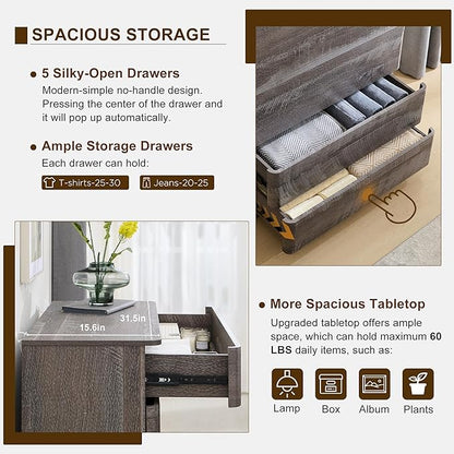 ACCOHOHO Modern 5 Drawer Dresser for Bedroom, 42" Tall Wooden Dressers with Large Storage,Handleless Chest of Drawers for Living Room & Hallway, Curved Profile Design, Grey