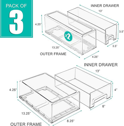 Sorbus 1 Medium & 2 Small Clear Stackable Storage Drawers – Plastic Organizer Bins with Handles – Stackable Pull-Out Storage Drawers for Closet, Pantry, Office, Bathroom, Craft, and Toy Organization