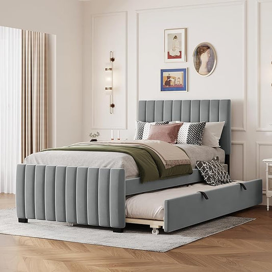 Twin Bed Frame with Trundle Bed,Velvet Upholstered Bed Frame,Twin Size Trundle Bed with Headboard,Upholstered Platform Bed Twin for Kids Teens Adults(Gray)