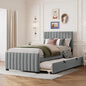 Twin Bed Frame with Trundle Bed,Velvet Upholstered Bed Frame,Twin Size Trundle Bed with Headboard,Upholstered Platform Bed Twin for Kids Teens Adults(Gray)