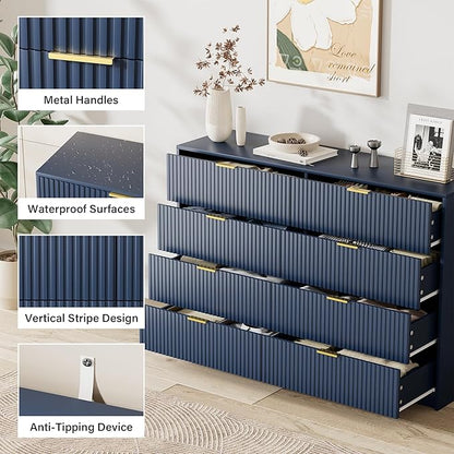Navy Blue Dresser for Bedroom, Modern Dresser with 8 Drawers and Smooth Slides, Wide Chest of Drawers with Golden Handles for Bedroom, Closet, 15.7" D x 55" W x 37.4" H
