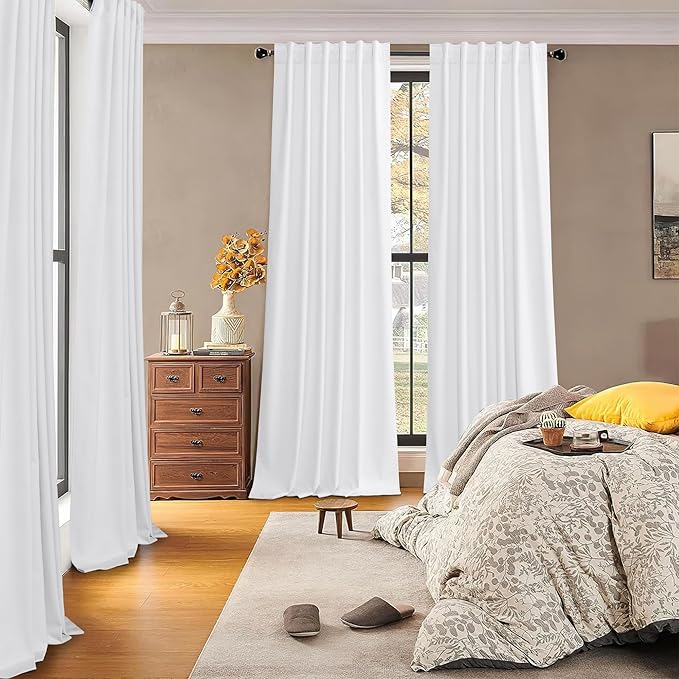 RYB HOME 100% Blackout White Velvet Curtains for Bedroom, Back Tab and Rod Pocket Thermal Insulated Room Darkening Curtains for Living Room Nursery, White, 52W x 96L, 2 Panels
