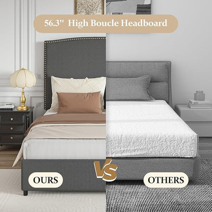 Full Size Bed Frame with Headboard, 56" Upholstered Platform Bed with Nailhead Trim, Soft Boucle Fabric, No Box Spring Needed, Easy Assembly, Grey