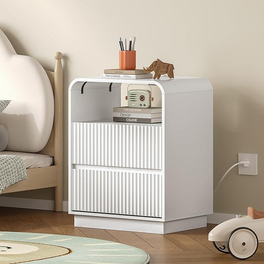 Dresser with 2 Drawers and Charging Station, Fluted Bedside Table with Round Curved Corner, Hidden Handles, 2 AC Outlets and 2 USB Ports, Modern Wood End Table with Open Shelf for Bedroom