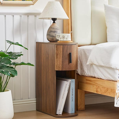 Narrow Nightstand Set of 2, Fluted Small Night Stand, Slim Curved Storage End Table with Drawer, Mid Century Modern Wooden Bedside Cabinet for Living Room, Bedroom,Small Spaces, Walnut