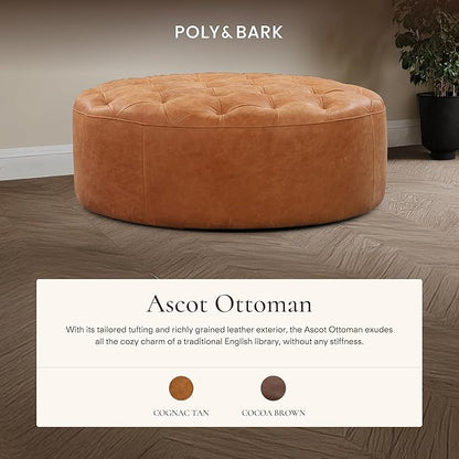 POLY & BARK Ascot Ottoman – 40" Round Pouf with Feather-Down Topper – Full-Grain Leather Upholstered Pouf Ottoman for Living Room – Vintage Italian Leather in Cognac Tan