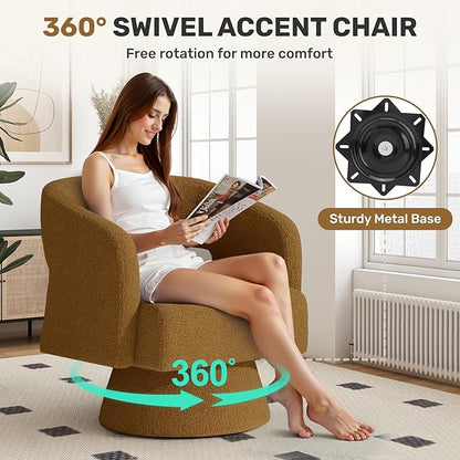 Swivel Accent Chair Set of 4, Modern Comfy Teddy Barrel Chairs, Oversized Upholstered Round Arm Chair for Living Room, Bedroom, Reading Room, Brown