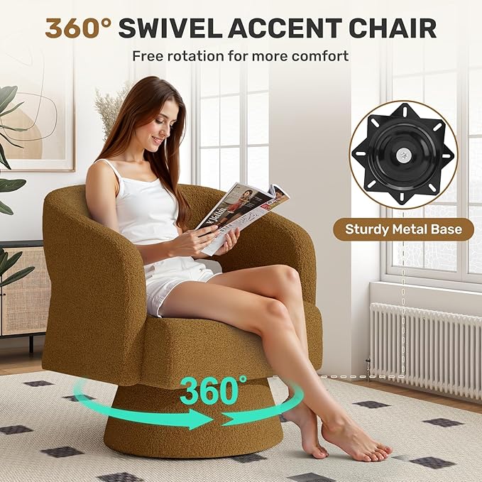 Swivel Accent Chair, Modern Comfy Teddy Barrel Chairs, Oversized Upholstered Round Arm Chair for Living Room, Bedroom, Reading Room, Brown, 1 PCS