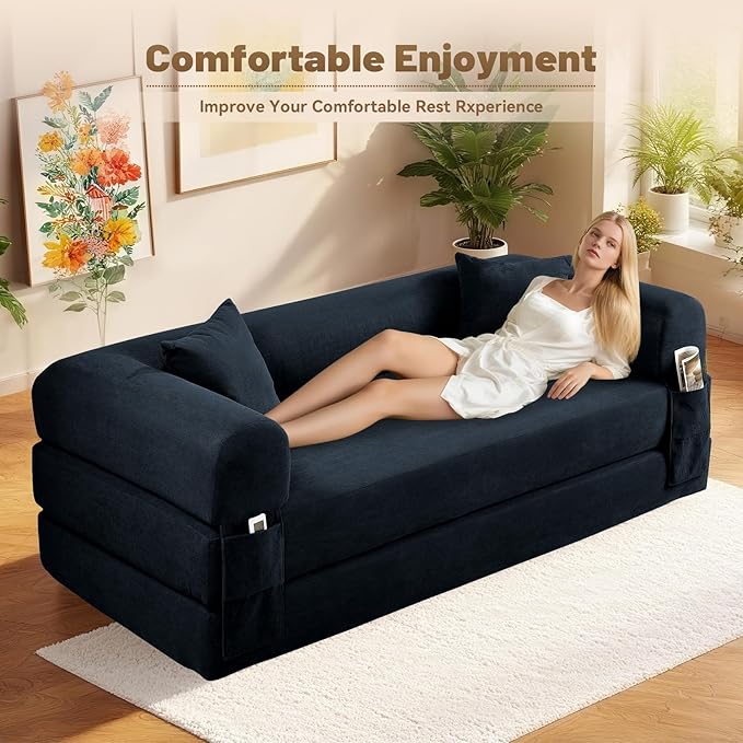 Convertible Sofa Bed,80" Folding Sleeper Sofa Bed Queen with Pillows & Storage,Corduroy Pull Out Couch Boneless Couches for Living Room,Compressed Couch in a Box,Deep Blue