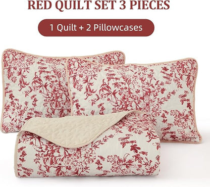WONGS BEDDING Quilt Queen Size, Christmas Red Quilt Bedding Set with 2 Pillowcases, Botanical Quilts for Queen Bed, Soft Microfiber Lightweight Coverlet Bedspread for All Season (96"×90", 3 Pieces)