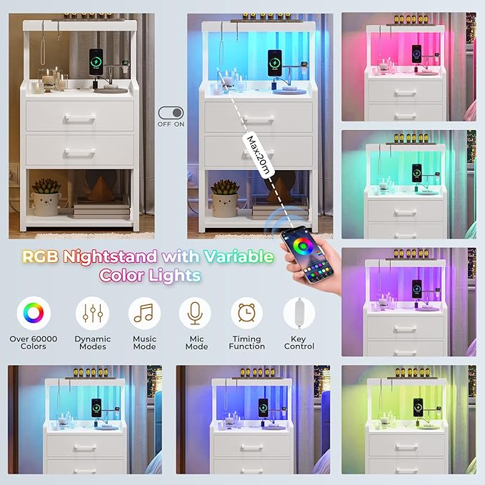 VIAGDO Nightstand with Charging Station and LED Lights, White Bedside Night Stands with 2 Drawers and Open Storage Shelves, Modern End Side Tables for Bedroom, Office