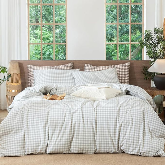 MooMee Gingham Duvet Cover Set 100% Washed Cotton Linen Like Textured Breathable Durable Soft Comfy Modern Checkered Design (Northern Droplet Grey Gingham, Full 80"x90")