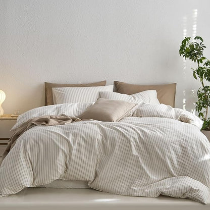 MooMee Striped Duvet Cover Set 100% Washed Cotton Linen Like Textured Breathable Durable Soft Comfy (White Tannish Linen Grey Wide Stripes, Twin 68"x90")