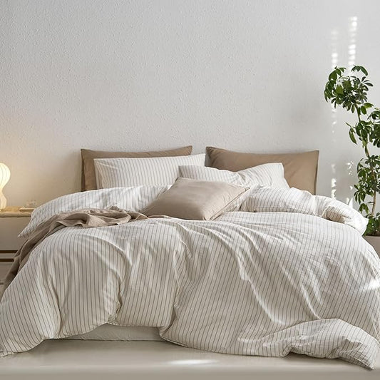 MooMee Striped Duvet Cover Set 100% Washed Cotton Linen Like Textured Breathable Durable Soft Comfy (White Tannish Linen Grey Wide Stripes, Alaska King 132"x120")