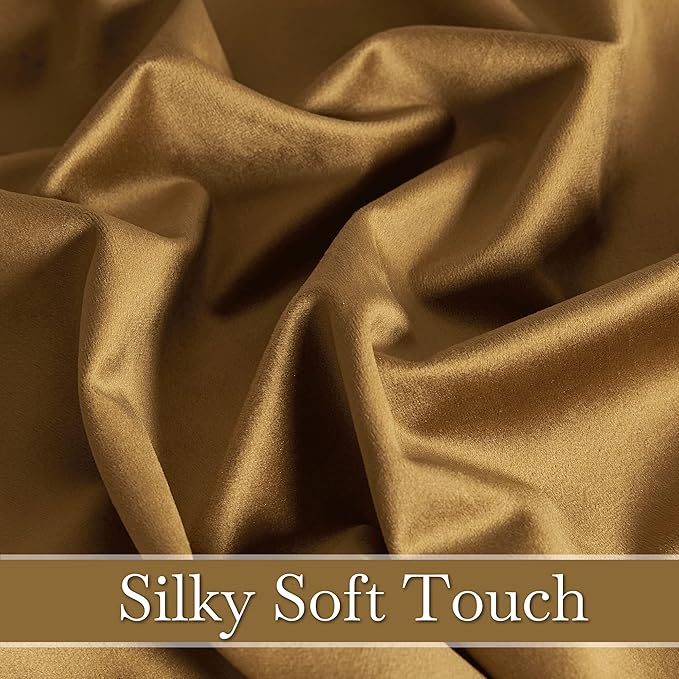 RYB HOME Gold Brown Velvet Curtains, Light Blocking, Energy Saving, Vintage Retro Decor, Privacy Vertical Fall Autumn Curtains for Bedroom Living Room Dining Room, W52 x L84 inches, 2 Panels
