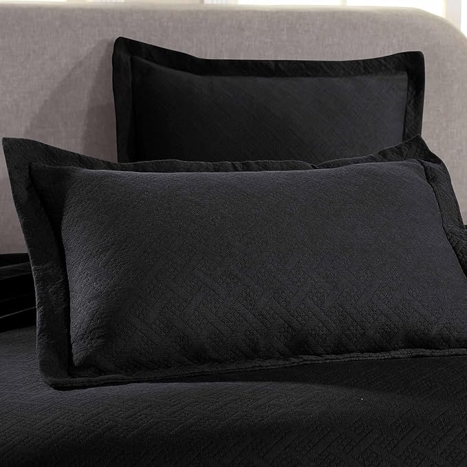 Superior 100% Cotton Basket Weave Bedspread with Shams, All-Season Premium Cotton Matelasse Jacquard Bedding, Quilted-Look Geometric Basket, Full, Black