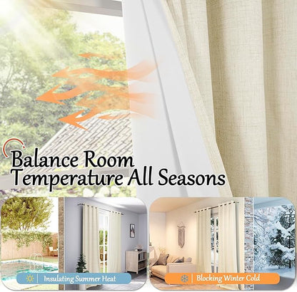Cream Blackout Curtains for Living Room 90 Inch Length 2 Panels Set, Thermal Insulated Light Blocking Faux Linen Curtains for Bedroom, Bronze Grommet Boho Window Drape Each 52" Wide