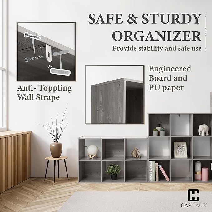 CAPHAUS Sturdy Room 11-Inch Cube Storage Organizer Shelf, with Thick Exterior Edge, Storage Shelf Divider w/Back, Bookcase, 9-Cube, Greige Oak