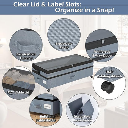 Underbed Storage Containers with Wheels and Lid Expandable Shoe Rolling Storage Bin Adjustable 9.8-10.6 Inch Height Under Bed Drawers for Dorm, Clothes, Blankets, Housewarming Gift 2 Pack Grey