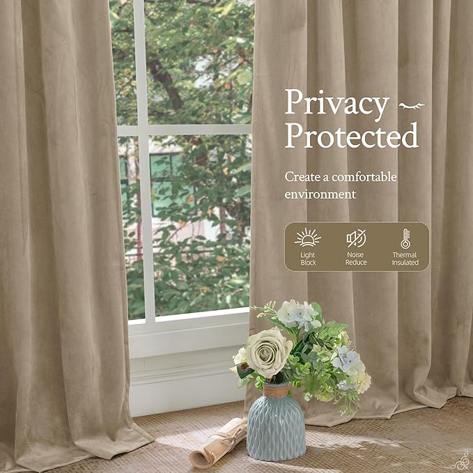 LAMIT Taupe Velvet Curtains 120 Inch for Living Room, Thick Thermal Insulated Room Darkening Drapes Super Soft Elegant Back Tab and Rod Pocket Panels for Sliding Glass Door, 2 Panels, 52 x 120 Inch