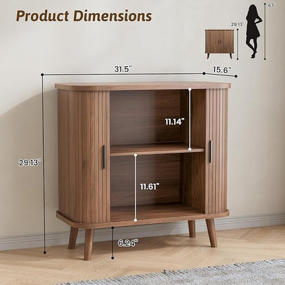 Buffet Cabinet with Storage, Curved-Edge Fluted Storage Cabinet Sideboard, Modern Walnut Sideboard Buffet with Adjustable Shelves & Sliding Door for Dining Room, Kitchen, Entryway