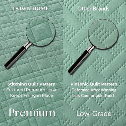 King Quilt Set with Shams Lightweight Quilted Bedspread Coverlet Thin Comforter Bed Cover Vintage Washed Quilted Blanket for All Season, Brushed Microfiber Diamond Stitching, Green, 104"x92"