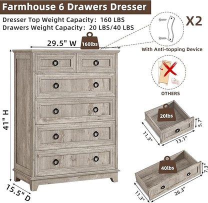 6 Drawer Dressers & Chest of Drawers, 41" Tall Small Dresser for Bedroom, Farmhouse Vintage Oak Dresser with Metal Handle, Storage Organizer Closet for Living Room Entryway Hallway