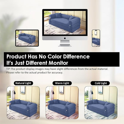 80" Convertible Sofa Bed, Corduroy Deep Seat Folding Pull Out Couch with Pillows, No Assembly Modern Boneless Couch Compression Sofa in Box, Floor Sofa with Storage Pocket,Dark Smog Blue