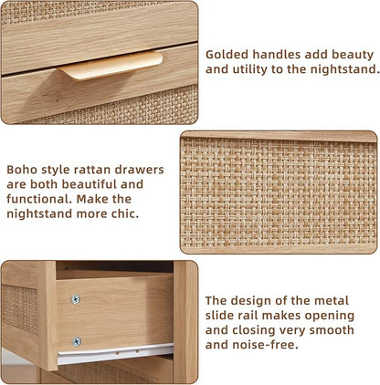 LEYAOYAO 31.5" Wide Rattan Night Stand, Oversized Large Boho Nightstand with 2 Drawer, Natural Wood Bed Side End Tables with Storage Shelf, Tall Bedside Table for Bedroom Living Room, Hallway