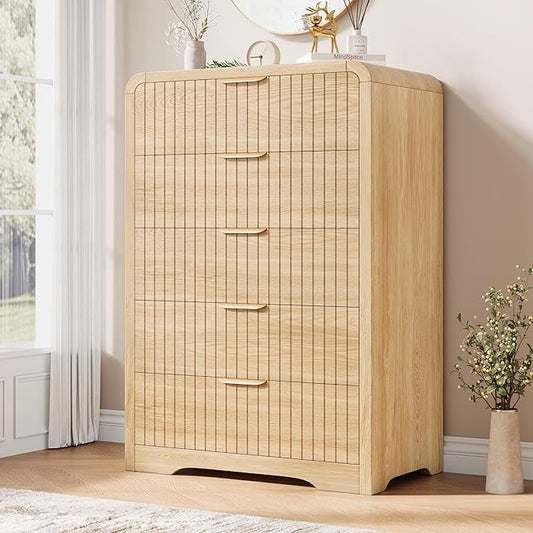 Fluted 5 Drawer Dresser, 43" Tall Dressers & Chests of Drawers Curved Profile Design, Wood Mid Century Vertical Dresser Natural Texture for Bedroom, Natural Oak Dresser