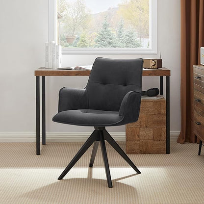 Art Leon Swivel Desk Chair - Faux Leather Upholstered Office Chair No Wheels, Mid Century Modern Armchair with Black Oak Wood Legs for Small Space Living Room Bedroom, Black