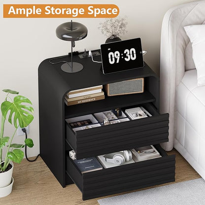 24" Wide Modern Fluted Nightstand with Charging Station, Wood Bedside Table with 2 Storage Drawers, Mid Century End Table Nigthstand with Curved Profile for Bedroom, Living Room, Black