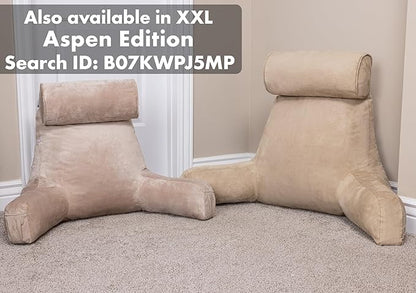Husband Pillow XXL Aspen Edition, Adult Reading Sit Up Bed Rest Pillow for Bed with Arms & Neck Roll on Bungee Cord - Premium Memory Foam - Reversible 2 Sided Cover Micro Suede or Plush, Cowboy Taupe