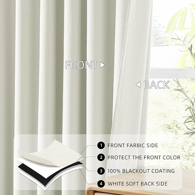 ChrisDowa 100% Blackout Iovry Solid Curtains 96 Inches Long 2 Panels for Bedroom Living Room,Farmhouse Room Darkening Thermal Insulated Soundproof Grommet Top Window Treatment Drapes,52x96