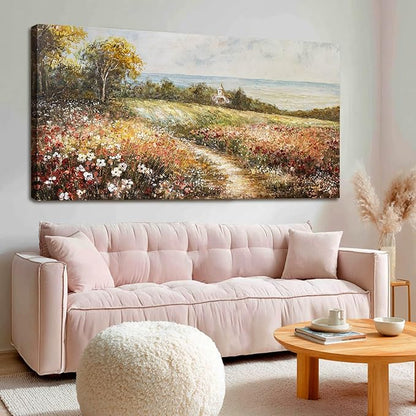 YETHEN WAL Floral Wildflower Meadow Wall Art – Countryside Cottage Landscape Canvas Print, Rustic Farmhouse Coastal Décor for Hallway Living Room Bedroom, 20×40 Inch
