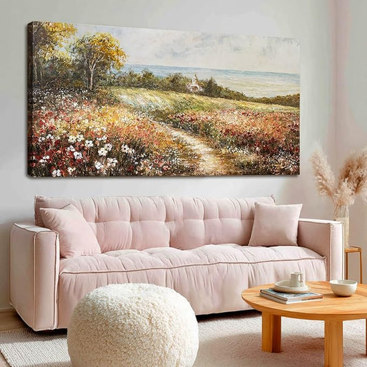 YETHEN WAL Floral Wildflower Meadow Wall Art – Countryside Cottage Landscape Canvas Print, Rustic Farmhouse Coastal Décor for Hallway Living Room Bedroom, 20×40 Inch