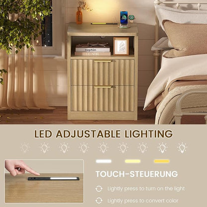 TEENFON Fluted Nightstands Set of 2, Night Stand with Charging Station and LED Light, Storage Drawer and Open Shelf, Modern Bedside Table for Small Space, for Bedroom, Natural