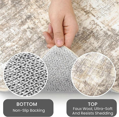 IOHOUZE Round Area Rug 3 Ft Circle Entryway Rugs Round Washable Door Mat Indoor Entrance, Non Slip Circle Front Door Rug, Printed Abstract Faux Wool Floor Carpet for Foyer Porch Sink, Beige Brown