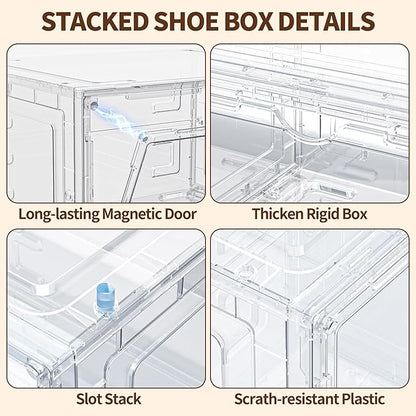 12 Pack XX Large Shoe Organizer, Heavy-Duty Hard Thicken Plastic Clear Stackable Shoe Storage Box Organizer for Closet, Space-Saving Shoe Rack Display Case Bin Containers for Sneakers, Clear