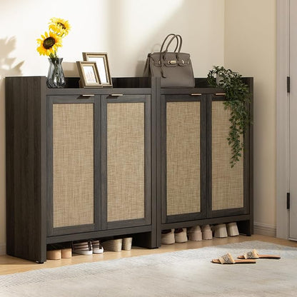 SICOTAS Shoe Storage Cabinet Set of 3, Large Capacity Rattan Shoe Cabinet for Entryway, 6-Tier 41" Tall Shoe Cabinet, Farmhouse Wooden Storage Cabinet for Living Room Hallway, Black Oak