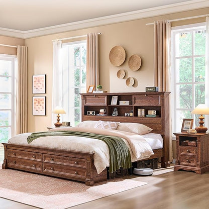 Farmhouse Queen Size Bed Frame with 54" Tall Storage Bookcase Headboard, Wood Platform Bed Frame with 18" Tall Roman Column Decoration Footboard & 2 Drawers, No Box Spring Needed(Reclaimed Barnwood)
