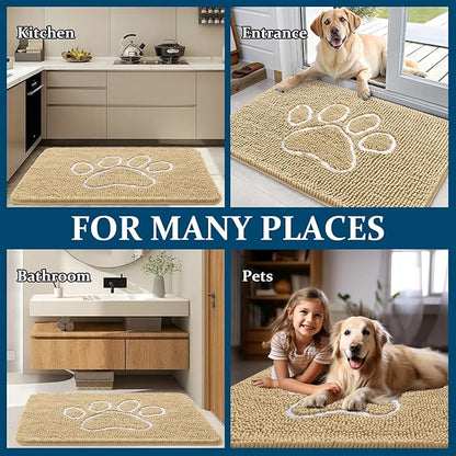 OLANLY Dog Door Mat for Muddy Paws 30x20, Paw Print Design, Absorbs Moisture and Dirt, Absorbent Non-Slip Washable Doormat, Quick Dry Chenille Mud Mat for Dogs, Entry Indoor Entryway Carpet, Beige